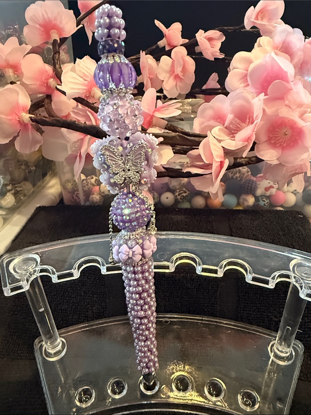 Lavender Beaded Tassel Charm with Butterfly Accent